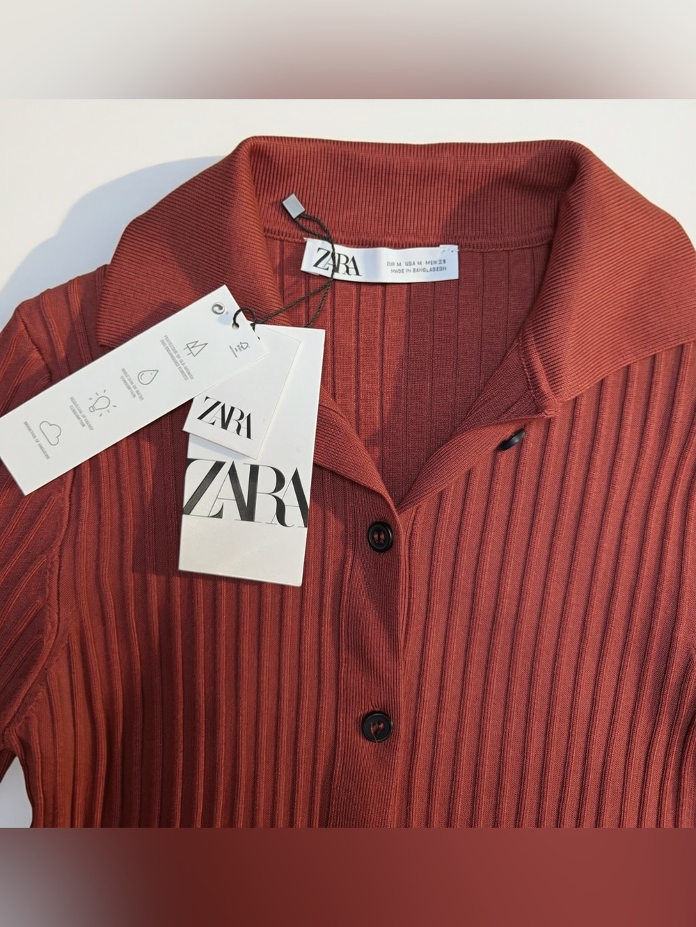 Zara Ribbed Button Front Collared Cardigan Top Rust Red NWT Fall Boho Preppy - Picture 2 of 5
